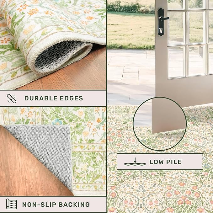 Washable Beige Green 5x8 Area Rug for Living Room, Large Entryway, Kids Room, Boy Bedroom, Playroom - Vintage Oriental Rug Low Pile Non Slip & Stain Resistance (5x8 Beige Green)