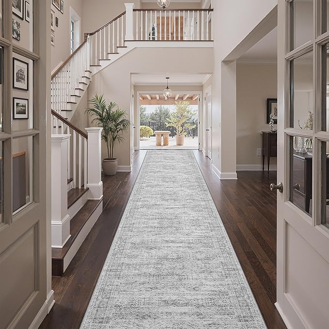 3x20 Washable Runner Rug for Hallway, Non-Slip Long Hallway Runner for Entryway, Soft Vintage Kitchen Mats for Floor, Abstract Dining Room, Bedroom, Living Room Rugs(3'x20', Grey/Ivory)
