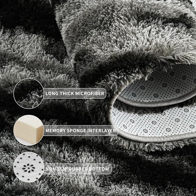 Tepook Soft Fluffy Rugs for Bedroom, 4x6 Area Rug for Living Room, Modern Shaggy Room Rug for Kids Boys Girls, Plush Throw Rugs Indoor Nursery Home Decor Rug with Non-Slip Bottom, Black Grey