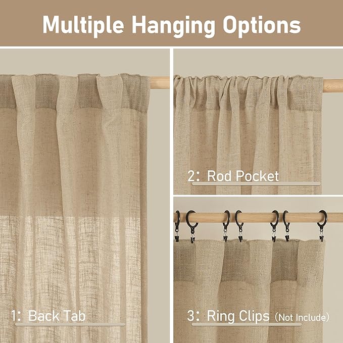 LAMIT Brown Semi Sheer Linen Curtains 48 Inch Length 2 Panels, Light Filtering Panels Back Tab and Rod Pocket Neutral Drapes for Kitchen/Window/Loft Room, 34 x 48 Inch