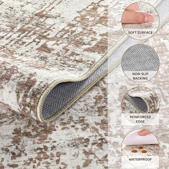 UERMEI 5x8 Area Rug Living Room Rugs - Washable Neutral Modern Abstract Soft Thin Rug Indoor Floor No Slip Rug Carpet for Bedroom Under Dining Table Home Office Decor - Brown/Grey/Red