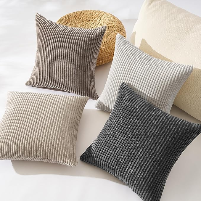 Topfinel 4 Packs Natural Decorative Throw Pillows Covers 16x16 Inch for Living Room Couch Bed Sofa, Rustic Farmhouse Boho Neutral Home Decor, Soft Plush Striped Corduroy Square Cushion Case 40x40 cm