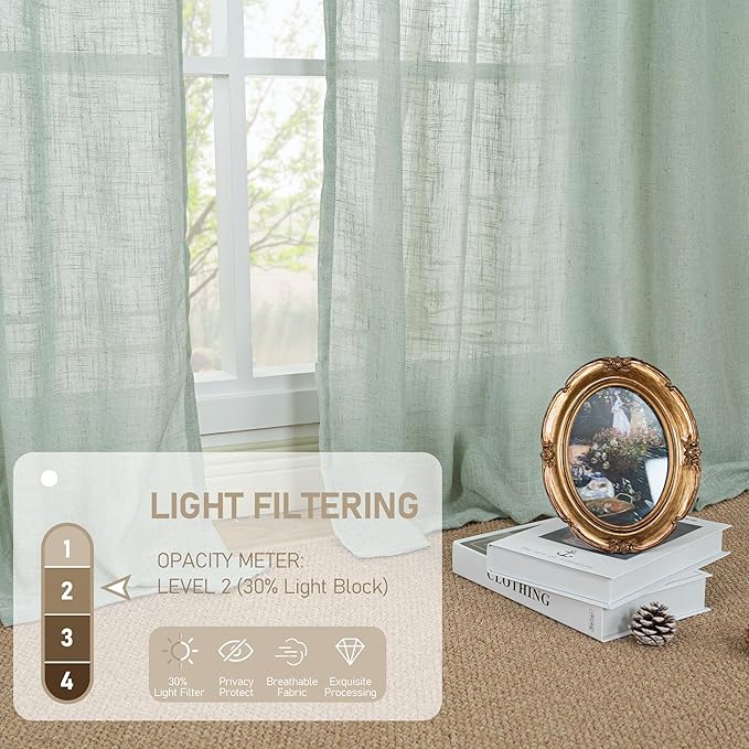 LAMIT 48 Inch Short Window Linen Curtains, Light Filtering Panels Back Tab and Rod Pocket Neutral Drapes for Cafe/Bathroom/Loft Room, Light Sage, 2 Panels, 34 x 48 Inch