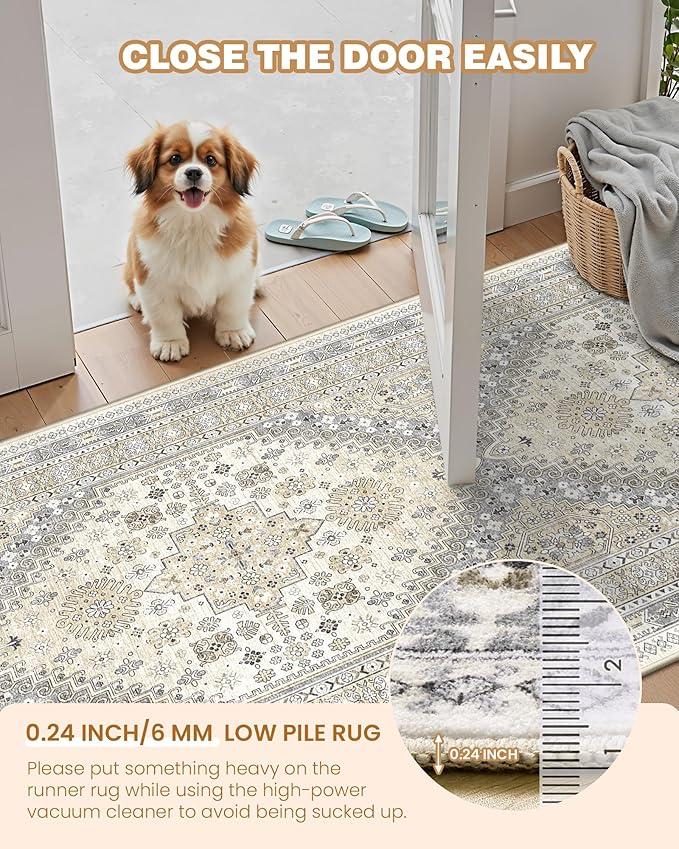 2x5 Rug Runner Washable for Entryway, Soft Bathroom Rugs with Non-Slip Backing,Vintage Low Pile Stair Runner, Small Kitchen Carpet for Hallways, Laundry Room(Beige,2'x5')