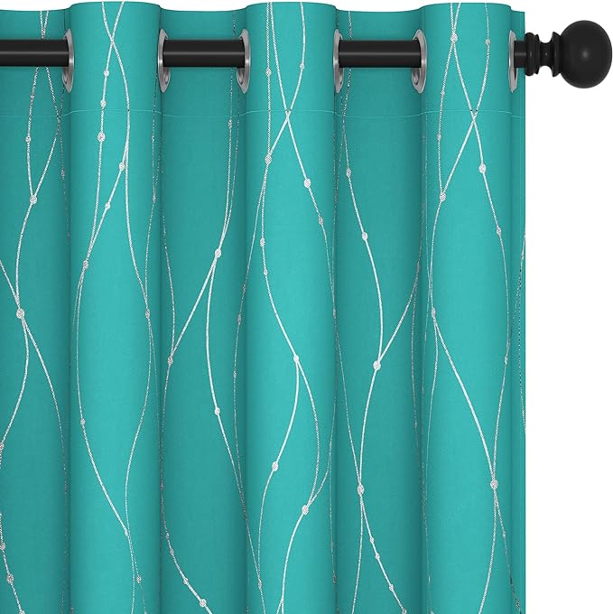 Deconovo Blackout Curtains, Thermal Insulated Soundproof Grommet Drapes, Wave Dots Silver Print, 52 x 72 Inch, Set of 2, Machine Washable Panels for Kitchen Bedroom Living Room Nursery, Turquoise