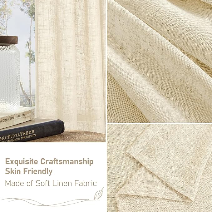 LAMIT Semi Sheer Beige Linen Curtains 36 Inch Length 2 Panels, Light Filtering Panels Back Tab and Rod Pocket Neutral Drapes for Bathroom/Kitchen/Loft Room, 25 x 36 Inch