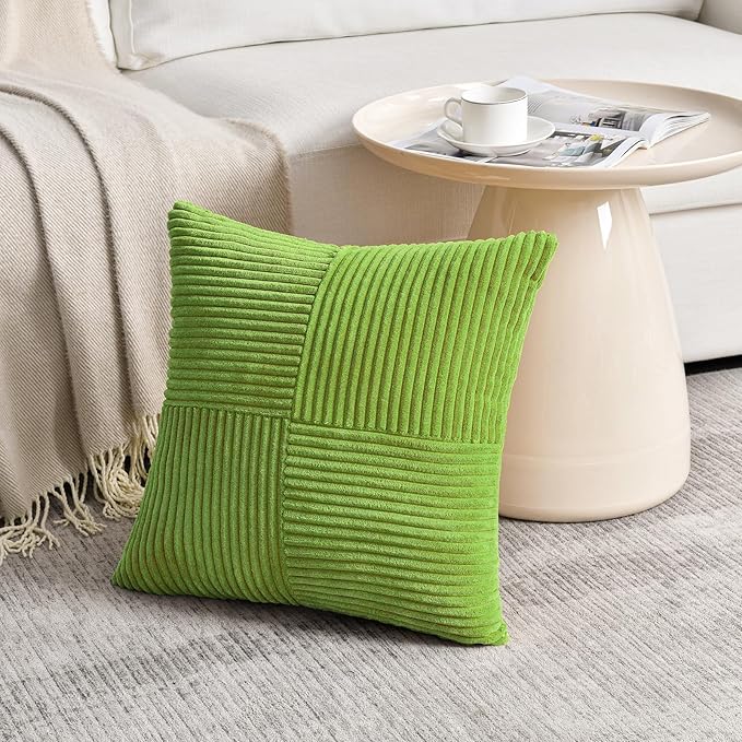 Fancy Homi Set of 2 Lime Green Decorative Throw Pillow Covers 16x16 Inch for Living Room Couch Bed, Modern Farmhouse Boho Home Decor, Soft Striped Corduroy Textured Square Cushion Case 40x40 cm