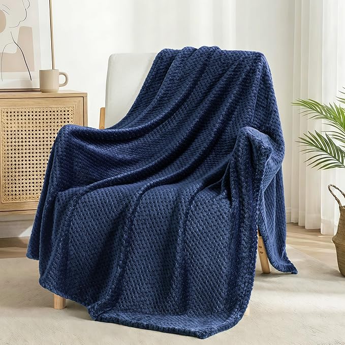 Exclusivo Mezcla Fleece Bed Blanket Queen Size, Super Soft and Warm Blankets for Couch, Sofa and Bed Waffle Textured, Cozy, Fuzzy and Lightweight (Navy Blue, 90x90 Inches)