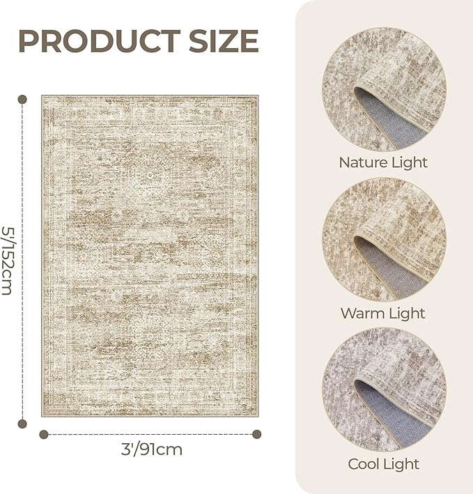 3x5 Washable Area Rug for Entryway, Soft Kitchen Rugs Non Slip for Dining Room, Vintage Abstract Living Room Rug, Thin Area Rugs Indoor for Bedroom, Kids Room Decor(3'x5', Brown/Ivory)