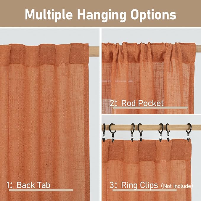 LAMIT Burnt Orange 72 inch Linen Curtains for Living Room 2 Panels, Linen Textured Light Filtering Semi Sheer Back Tab and Rod Pocket Curtain Panels for Bedroom/Farmhouse, 52 x 72 Inch