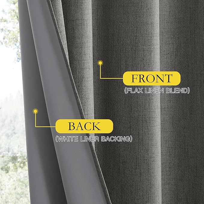 NICETOWN Grizzle Gray Vintage Linen 100% Blackout Curtains for Living Room, Thermal Insulated Curtains 120" Long, Noise Reducing Window Treatment Drapes for Hall Room, 52" Wide Per Panel, Set of 2