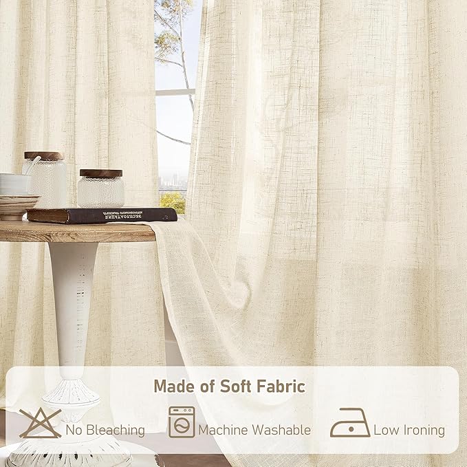 LAMIT Semi Sheer Beige Linen Curtains 72 inch Length, Light Filtering Panels Back Tab and Rod Pocket Neutral Drapes for Bedroom/Living Room, Beige, 2 Panels, 34 x 72 Inch