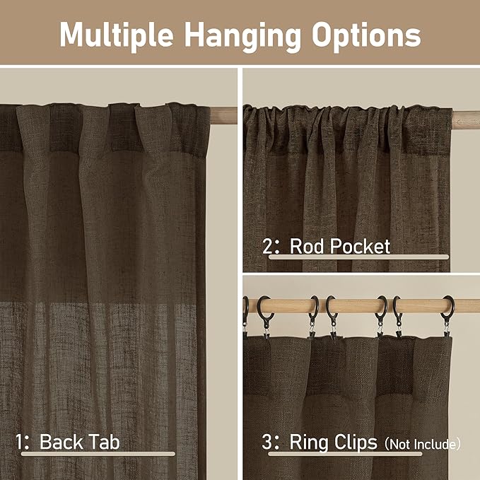 LAMIT Brown Linen Curtains for Living Room 84 inch Length 2 Panels, Light Filtering Semi Sheer Drapes Back Tab and Rod Pocket Farmhouse Panels for Bedroom/Sliding Glass Door, Dark Brown, 52 x 84 Inch