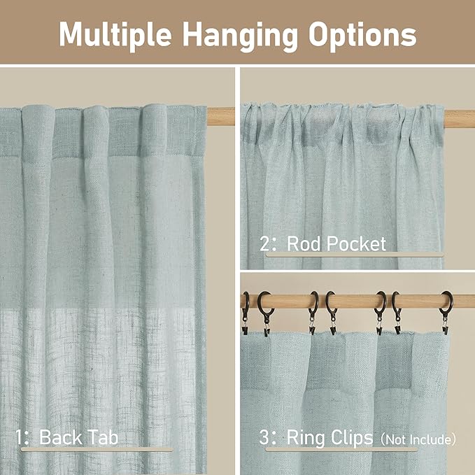 LAMIT Greyish Blue Linen Curtains 63 Inches Long, Semi Sheer Light Filtering Panels Back Tab and Rod Pocket Small Cafe Drapes for Basement/Window/Loft Room, 2 Panels, 34 x 63 Inch