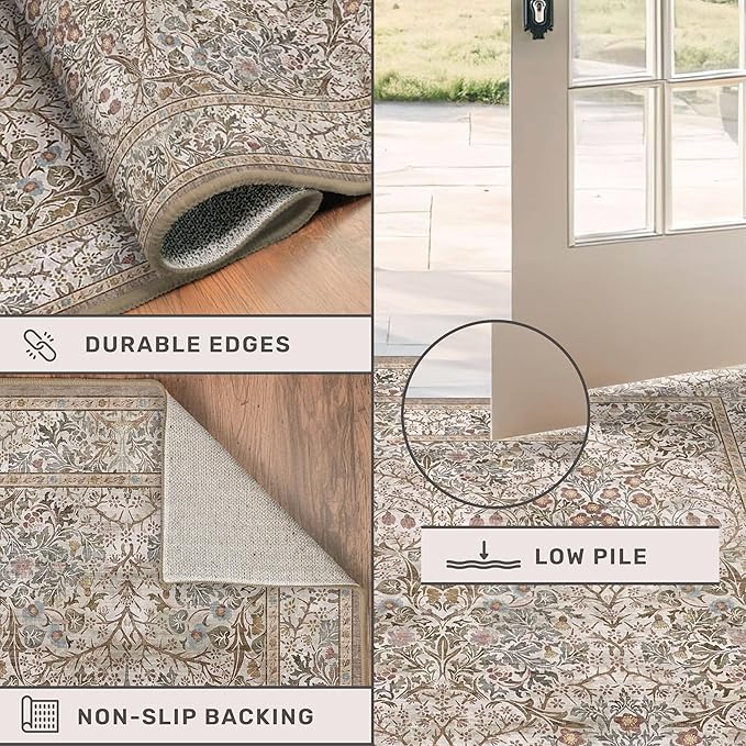 Washable 8x12 Large Living Room Area Rug - Non Pile Floral Design Carpet for Dining Room Under Table, Low Pile Vintage Bedroom Rugs, Forest Stain Resistance (Moss & Brown)