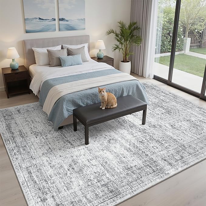 Soalmost 5x8 Area Rugs Grey Low Pile Indoor Washable Trendy Faded Style Rugs for Bedroom Living Room Dining Room Foldable Non-Slip Thin Print Home Office Mat