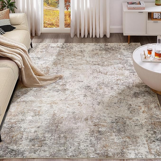 5x7 Area Rug Living Room Rugs - Washable Neutral Modern Abstract Soft Thin Large Rug Indoor Floor No Slip Rug Carpet for Bedroom Under Dining Table Home Office Decor - Brown Grey