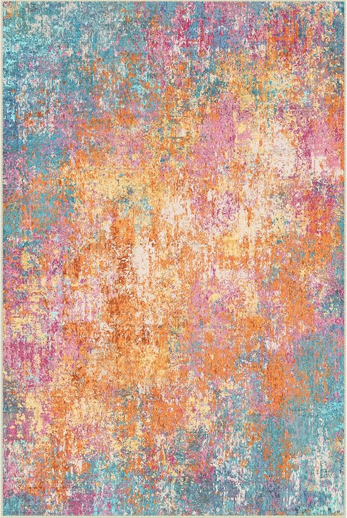 Washable Area Rugs 6'x9' Non-Slip Modern Abstract Soft for Living Room Entryway Bedroom Nursery, Print Pattern, Orange Blue Pink Yellow Colorful