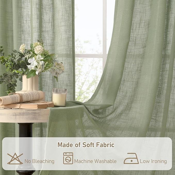 LAMIT Sage Green Linen Boho Curtains 80 inch Length 2 Panels, Light Filtering Semi Sheer Panels Back Tab and Rod Pocket Neutral Drapes for Bedroom/Living Room, 34 x 80 Inch
