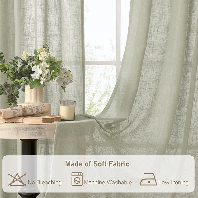 LAMIT Sage Grey Linen Curtains for Living Room 84 inch Length 2 Panels, Light Filtering Semi Sheer Curtains Back Tab and Rod Pocket Farmhouse Panels for Bedroom/Sliding Glass Door, 52 x 84 Inch