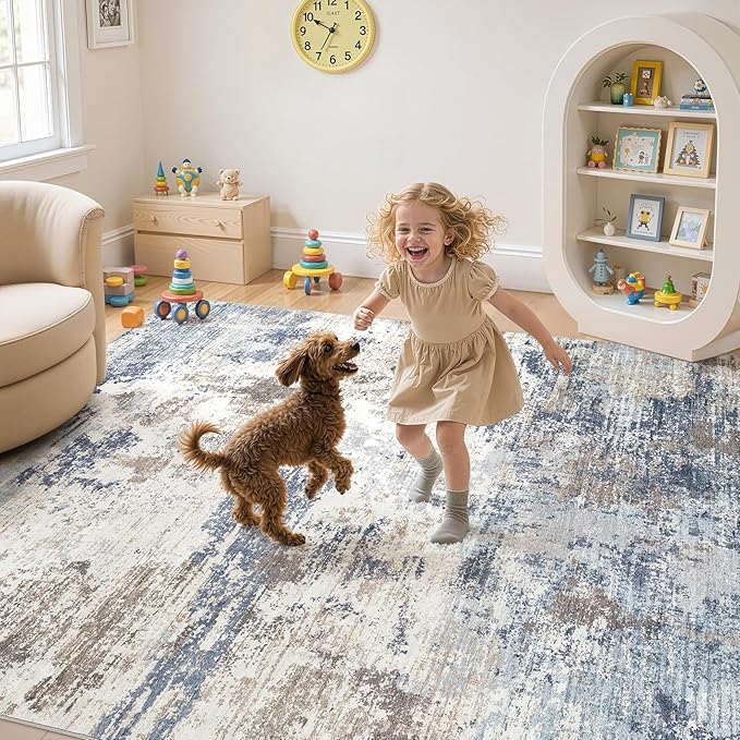 UERMEI 5x7 Area Rug Living Room Rugs Thickened - Washable Neutral Modern Abstract Soft Rug Indoor Floor No Slip Rug Carpet for Bedroom Under Dining Table Home Office Decor - Denim Blue