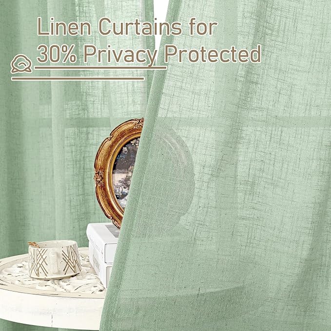 LAMIT 36 Inch Length Linen Curtains for Small Windows, Semi Sheer Light Filtering Panels Back Tab and Rod Pocket Neutral Drapes for Basement/Window/Loft Room, Fresh Green, 2 Panels, 34 x 36 Inch