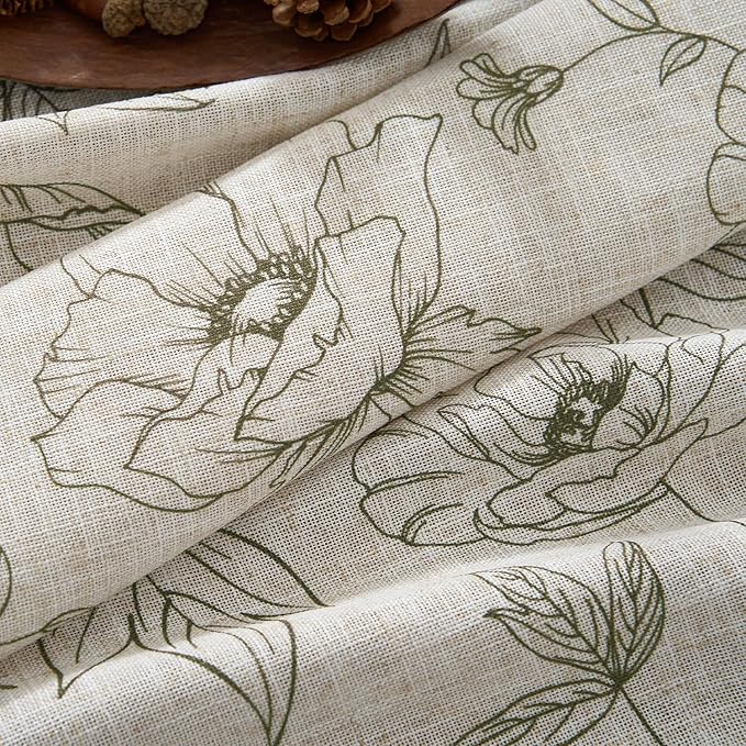 jinchan Floral Linen Curtains for Living Room 63 Inch Length Green Flower Curtain Rod Pocket Back Tab Farmhouse Curtains with Printed Floral Bedroom Window Curtain Set, 2 Panels Green