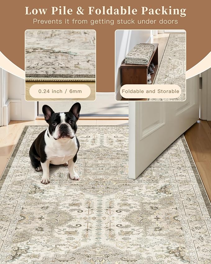 Madane Hallway Runner Rug 3x18 - Kitchen Rugs 18ft Washable Entryway Rug Vintage Kitchen Runners Non Slip Indoor Area Rug Farmhouse Carpet Runner for Bathroom Living Room Bedroom, Ivory/Brown