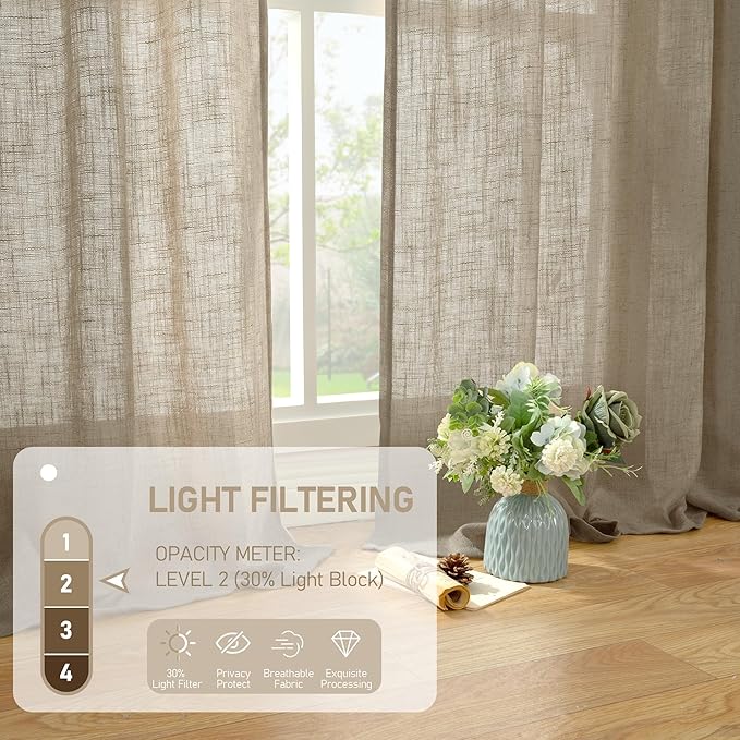 LAMIT Taupe Sheer Linen Curtains, 80 inch Light Filtering Semi Sheer Panels Back Tab and Rod Pocket Farmhouse Rust Drapes for Bedroom/Living Room, 2 Panels, 52 x 80 Inch