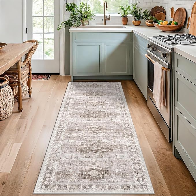 Boho 2x8 Long Runner Rugs for Hallway, Neutral Farmhouse Non Slip Runner for Kitchen, Entryway, Vintage Floral Decor Low-Pile Washable Stain Resistant Beige Latte Rug
