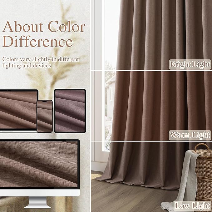 Guken 100% Blackout Curtains 108 Inch Length 2 Panels Set for Living Room Bedroom Back Tab Thermal Insulated Black Out Linen Drapes Room Darkening Mocha Mousse,52x108