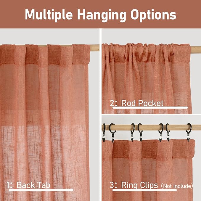 LAMIT Light Filtering Linen Curtains 72 inches Long for Bedroom, Linen Textured Semi Sheer Back Tab and Rod Pocket Boho Drapes for Window/Living Room, Terracotta, 2 Panels, 34 x 72 Inch