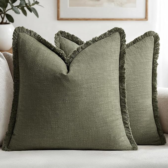 MIULEE Decorative Throw Pillow Covers Neutral Linen Fringe Throw Pillows Euro Shams Set of 2 Olive Green Boho Farmhouse Cushion Covers for Couch Sofa Bed Living Room Spring Home Decor 24x24 Inch