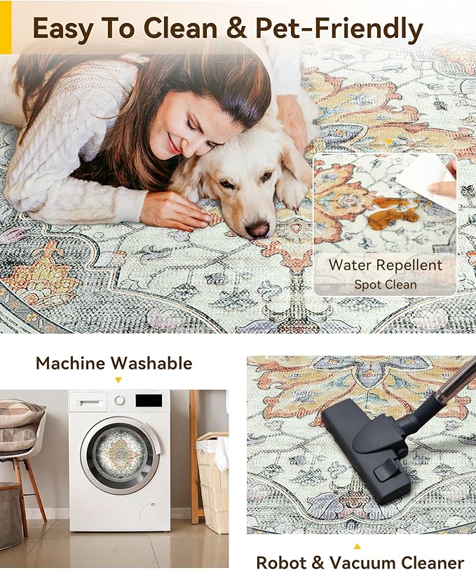 RELEANY Area Rugs 6ft Washable Non-Slip, Floral Vintage Distress Print Pattern Medallion Carpet for Living Room Bedroom Dining Room, Light Yellow Carbon Grey Orange