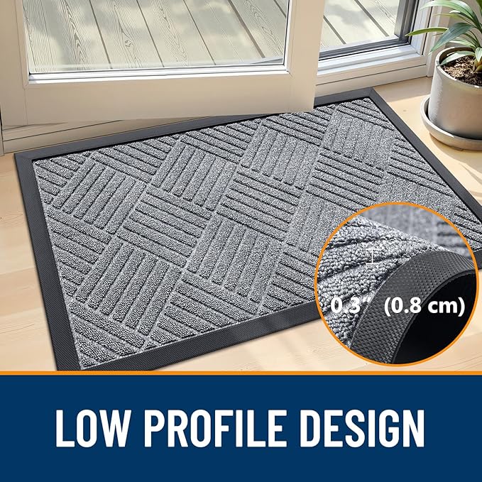 OLANLY Front Door Mat Outside Entrance 29.5x17, Absorbent, Heavy Duty Sturdy Natural Rubber Doormat Indoor Outdoor, Stain Fade Resistant, Non-Slip Low Profile Floor Mat Entryway, Charcoal Gray Diamond