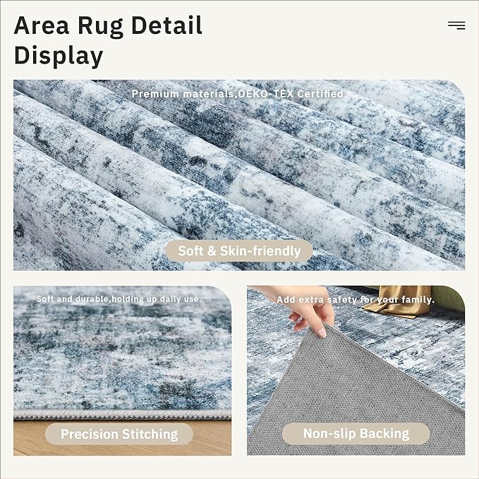 Washable Area Rug 8x12, Large Soft Rugs for Living Room Vintage Blue/Grey Carpet 8x12 Area Rugs for Bedroom Dining Room Non-Slip Stain Resistant Under Table Rug