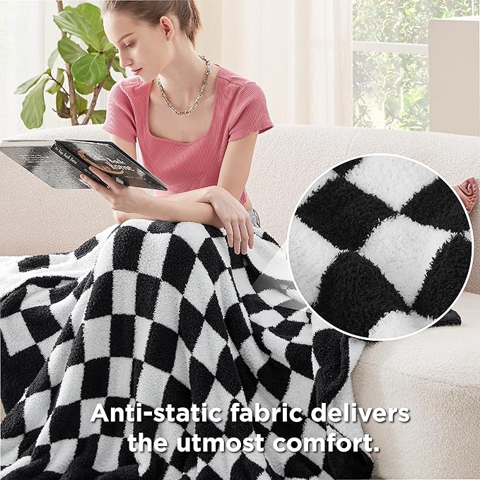 Bedsure GentleSoft Checkered Twin Blanket for Couch - Super Soft Cozy & Warm Knit Throw Blanket, Breathable, Lightweight & Fluffy Plaid Blanket for Bed, Sofa, Gifts for Women Men, Black, 60x80 Inches