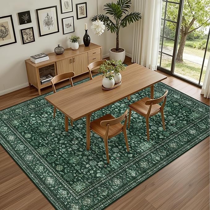 4x6 Area Rugs for Living Room: Washable Rug Soft Vintage Distressed Floral Carpet Indoor Non-Slip Stain Resistant Large Carpets for Bedroom Dining Room Farmhouse Nursery Home Office Deep Green