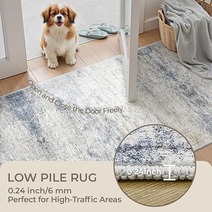 Kitchen Runner Rugs Non Skid Washable - 2.5 x 10 Runner Rug with Anti Slip Backing, Ultra-Thin Soft Rug Runner for Hallway, Bedroom, Living Room (2.5'x10', Blue/Brown/Ivory)