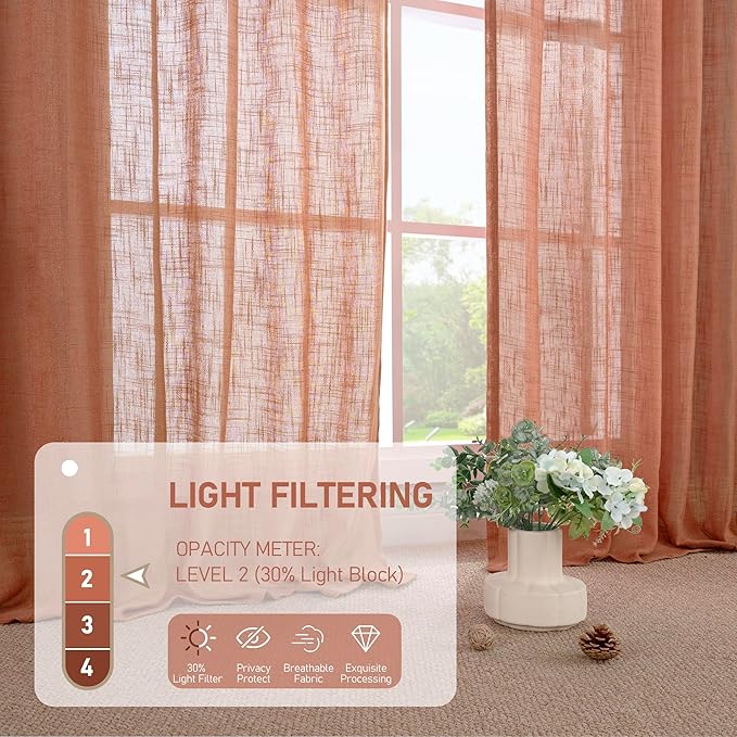LAMIT Terracotta Linen Curtains for Living Room 108 inch Length 2 Panels, Light Filtering Semi Sheer Panels Back Tab and Rod Pocket Fall Panels for Bedroom/Sliding Glass Door, 52 x 108 Inch
