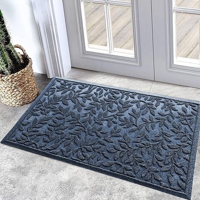 Bulijojo Sturdy Front Entrance Doormats,Durable Heavy Duty Welcome Mat,Thick Absorbent Natural Rubber Non Slip Mat,Easy Clean Entryway Mat Leaves Blue 23"x35"