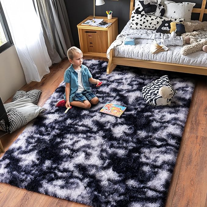 Black and White Rug for Living Room, 9x12 Area Rug for Bedroom, Bedside Indoor Floor Fluffy Shag Carpet, Plush Soft Rug for Boys Girls Kids Room Nursery Dorm Home Decor