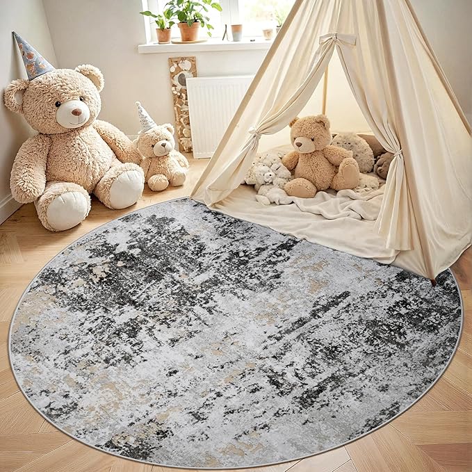 Round Rug 5ft Circle Rug Washable: Carpet Small Circular Area Rug for Entryway Kitchen Bedroom Dining Room Living Room 5 Feet Abstract College Dorm Non Slip Low Pile Black Grey Gold