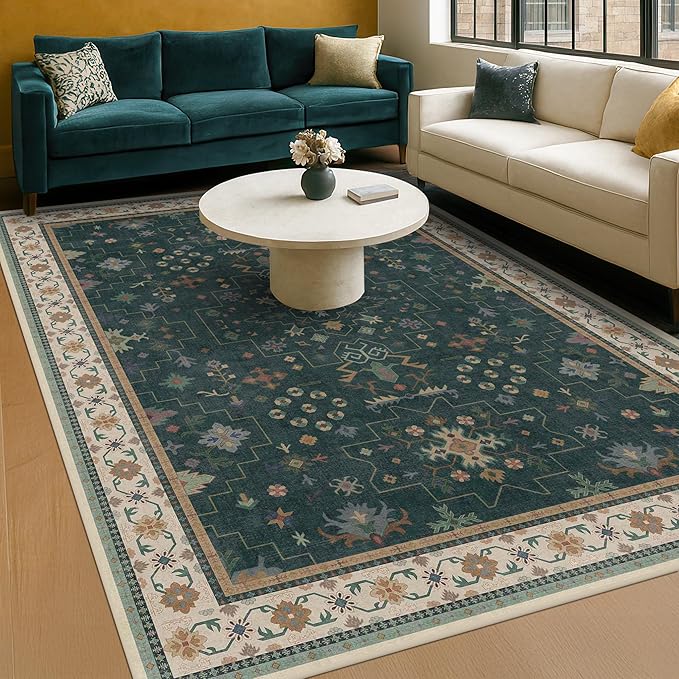 Hazo Haus Dark Green Oushak 5x8 Living Room Rug - Modern Vintage Boho Eclectic Floral Pastel, Washable Low Pile Non-Slip Large Area Rugs for Nursery Dining Under Table Bedroom Lounge