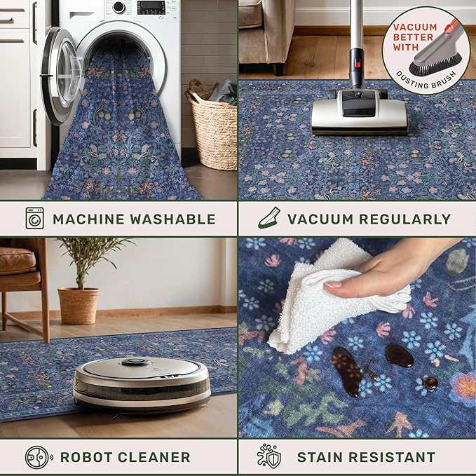 Navy Blue Washable 2x3 Entry Rug - Small Front Door Mats Indoor, Non-Slip Boho Bathroom Rugs, Vintage Dark Decor for Kitchen, Entryway