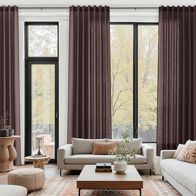Coffee Brown Linen Curtains for Living Room 100 Inches Long Light Filtering Semi Sheer Curtain Back Tab Luxury Modern Rustic Home Decor Neutral Drapes for Bedroom Dinner Room 52x100, 2 Panels