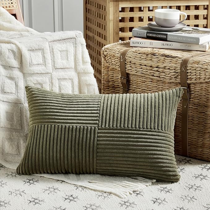 Fancy Homi 2 Packs Olive Green Lumbar Decorative Throw Pillow Covers 16x28 Inch for Living Room Couch Bed, Farmhouse Boho Home Decor, Soft Striped Corduroy Rectangle Accent Cushion Case 40x70 cm