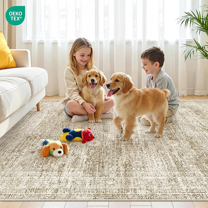 3x5 Washable Area Rug for Entryway, Soft Kitchen Rugs Non Slip for Dining Room, Vintage Abstract Living Room Rug, Thin Area Rugs Indoor for Bedroom, Kids Room Decor(3'x5', Brown/Ivory)