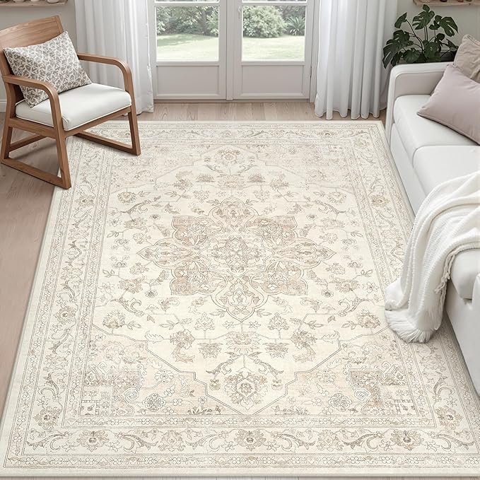 5x7 Area Rugs for Living Room: Vintage Boho Neutral Washable Rug Indoor Soft Large Area Rug Carpet for Bedroom Nursery Farmhouse Dining Room Office Floor Non-Slip Low Pile Under Table Rug Beige White