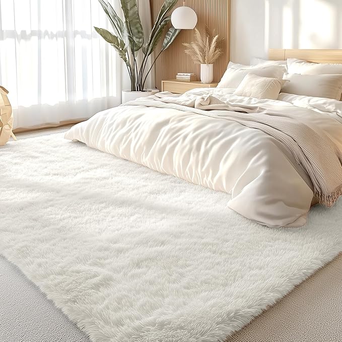 OLANLY 5x9 Machine Washable Large Area Rugs for Living Room, Bedroom, Soft Fluffy Shaggy Bedside Rug, Indoor Floor Carpet for Kids Girls and Boys, Dorms, Nursery, Home Decor Aesthetic, Ivory